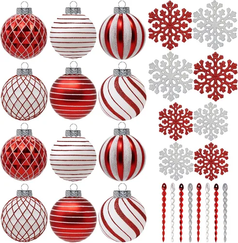 Miniatura 17 de Paquete de 28 adornos navideños de bolas rojas y doradas para decoraciones de árbol - Juego de bolas de plástico irrompibles, carámbanos y copos