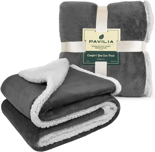 Miniatura 9 de PAVILIA Manta de forro polar Sherpa para sofá, gris oscuro, manta de felpa suave y mullida, acogedora manta de invierno reversible para mujeres