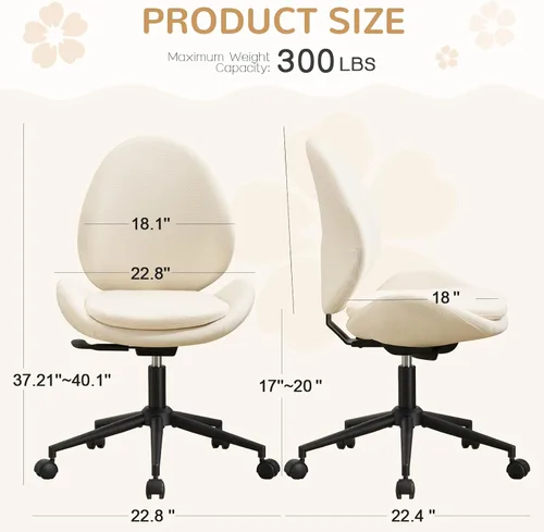 Miniatura 2 de Furniliving Silla de escritorio de felpilla sin brazos con ruedas, silla tapizada de oficina en casa con cojín de doble capa, silla giratoria Blanco