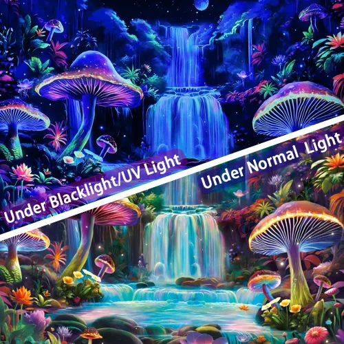 Miniatura 5 de Dermijer Tapiz de luz negra, tapiz de fantasía, bosque de hongos, tapices reactivos a los rayos UV, tapices de cascada, luna, noche, neón, flores