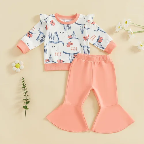 Miniatura 10 de Kaipiclos Ropa occidental para bebé niña, con lindo estampado con volantes, manga larga, pantalones para otoño e invierno, trajes de vaquera