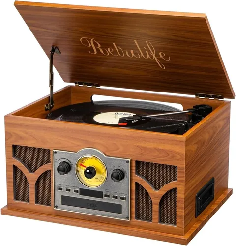 Reproductor de discos 10 en 1 con altavoces incorporados, reproducción inalámbrica, reproductor de CD y cassette, reproductor USB, radio AM/FM, Caoba