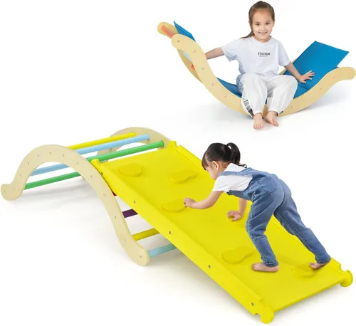 HONEY JOY Arco de escalera de madera para escalar, escalera de escalada para niños 3 en 1 y tabla de columpio con almohadilla acolchada, juego de