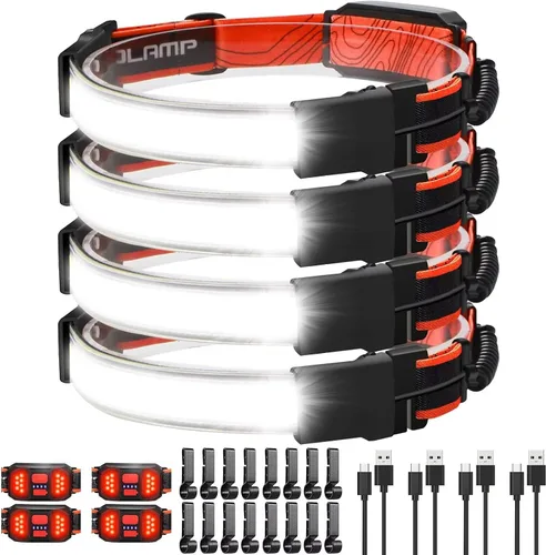 Linterna Frontal LED 4 Unidades, 1000 Lúmenes 230° Haz Ancho, Lámpara de Cabeza Recargable USB con Luz Trasera Roja, Linternas Frontales Ligeras e