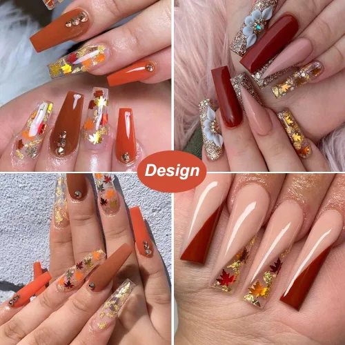 Miniatura 4 de Juego de manicura con diseño de hojas de arce, con purpurina, holográfica, para otoño, con lentejuelas, para otoño, Acción de Gracias, decoración