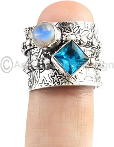 Miniatura 2 de ArtisanJewelrydesign Blue Topaz Spinner Ring, 925 Silver Ring, Moonstone Ring For Women, Handmade Ring, Fidget Ring, Narrow Band Ring, Spinner Ring