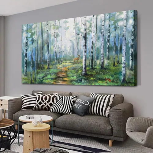Miniatura 2 de Enartly Arte de pared de paisaje grande para sala de estar y dormitorio, decoración de pared de abedul blanco, lienzo de bosque verde, pintura