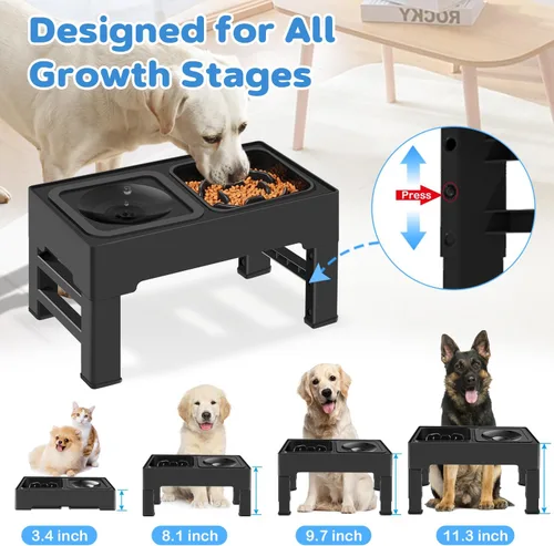 Miniatura 2 de 2 en 1 tazones elevados con alimentación lenta para perros, 4 tazones elevados ajustables en altura con soporte para perros con cuenco de agua a