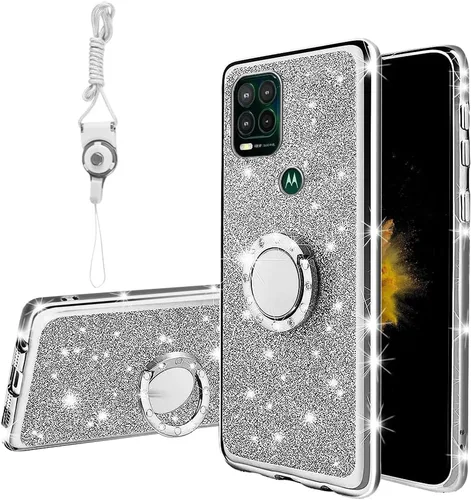 Miniatura 21 de nancheng Funda de teléfono con purpurina para Motorola Moto One 5G Ace (One 5G UW Ace) funda de TPU suave con anillo giratorio de 360°, funda