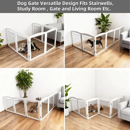 Miniatura 3 de ZJSF Puerta plegable independiente para perros, puerta de madera extra ancha blanca para cachorros, 6 paneles, puertas altas para mascotas