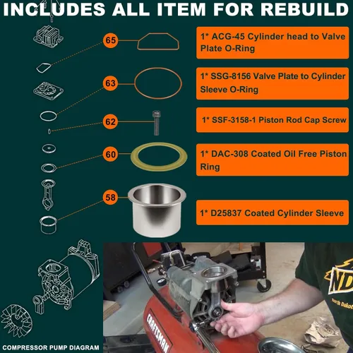Miniatura 5 de K-0650 Kit de funda de cilindro de compresor de aire y anillo de compresión para compresores sin aceite Craftsman DeVilbiss Porter Cable DeWalt