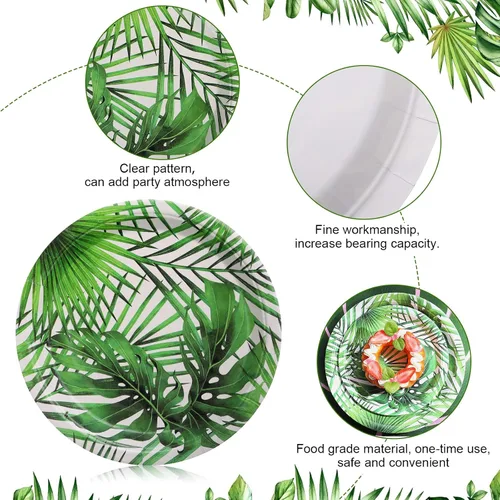 Miniatura 3 de Fuutreo 100 platos de papel tropical para fiesta, hojas de palma verdes, platos de papel de postre de 7 pulgadas y 9 pulgadas, platos desechables