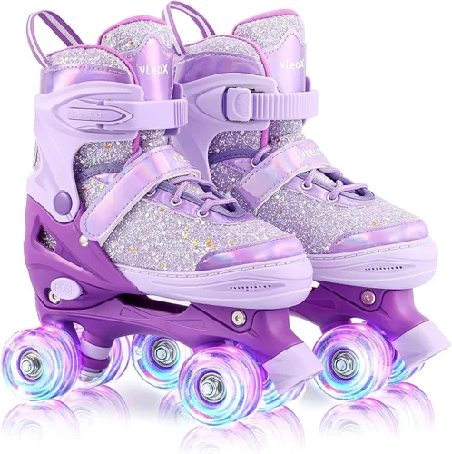 Miniatura 7 de Patines de ruedas para niñas, niños y principiantes, 4 tamaños ajustables con ruedas que se iluminan, patines morados y rosados divertidos e