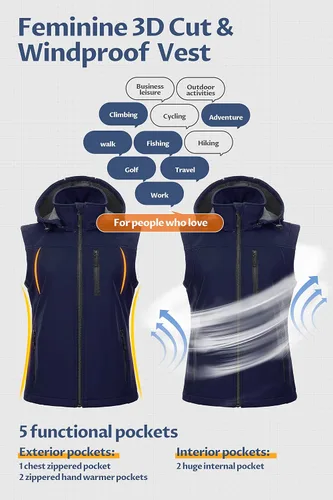 Miniatura 5 de CREATMO US Chaleco ligero de Softshell para mujer, chaqueta sin mangas cortavientos con capucha extraíble