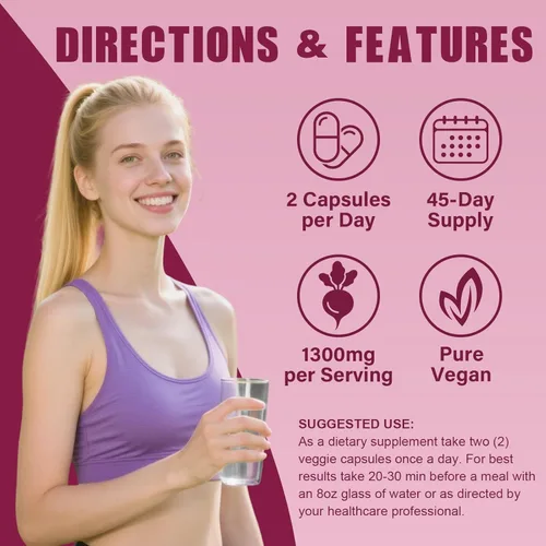 Miniatura 5 de Cápsulas de raíz de remolacha Cápsulas de polvo de remolacha pura de 1300 mg - Apoya la presión arterial, energía natural y resistencia - 90