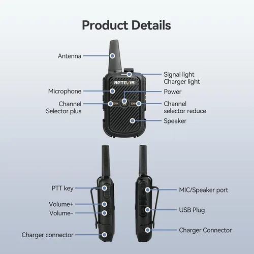 Miniatura 4 de Retevis Walkie Talkies RT15 de largo alcance, mini walkie talkie de carga rápida, USB de carga rápida, radios recargables de 2 vías para adultos
