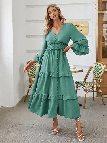 Miniatura 3 de Amegoya Vestido largo de manga larga con cuello en V bohemio para mujer, de verano, para invitadas de boda, de estilo fluido, para compromisos