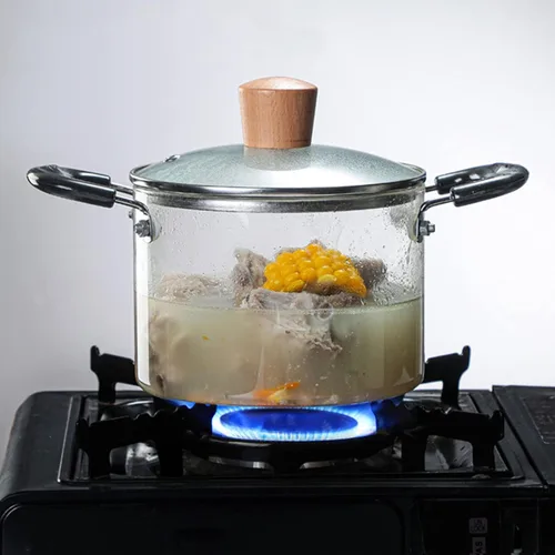 Miniatura 4 de Cacerola de vidrio con tapa, resistente al calor, olla de cocina de vidrio de borosilicato de madera con doble asa, cristalería transparente