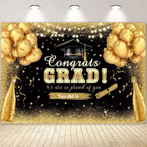 Cartel de graduación de 7 x 5 pies para celebrar la clase de 2025, decoraciones de fiesta con globos negros y dorados con purpurina negra y dorada,