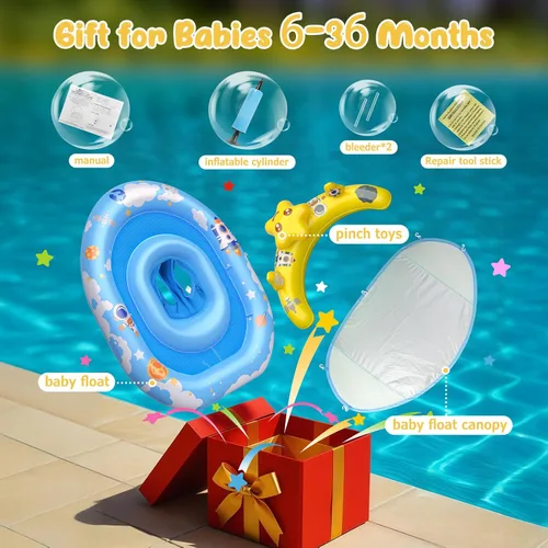 Miniatura 6 de WayEee Flotador de piscina para bebé con toldo UPF50+, flotador de natación inflable, asiento de seguridad ajustable, consola de juegos de juguete