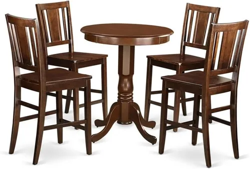 East West Furniture EDBU5-MAH-W - Juego de encimera de cocina de 5 piezas, incluye una mesa de comedor redonda con pedestal y 4 sillas de comedor,