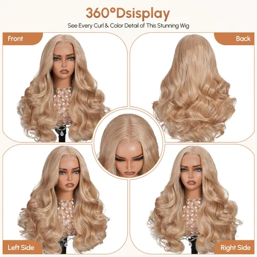 Miniatura 4 de Peluca de cabello sintético rubio de 13 x 6, con encaje frontal, sin pegamento, ondulado, rubio prearrancado, encaje transparente HD, transpirable