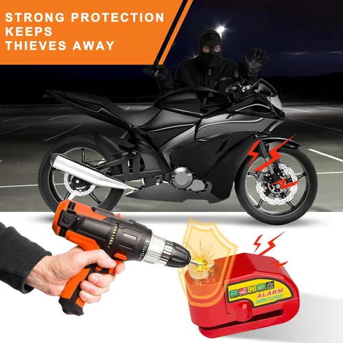 Miniatura 2 de Bloqueo de freno de disco de alarma para motocicleta, cerraduras de motocicleta, antirrobo, bloqueo de disco de seguridad, impermeable, 110 dB, Rojo
