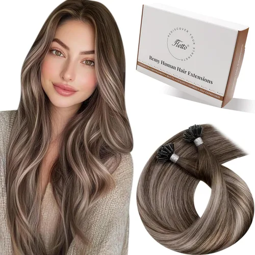 Miniatura 25 de Hetto Extensiones de cabello humano con nano cuentas, balayage, extensiones de cabello humano, color negro degradado a plateado, extensiones