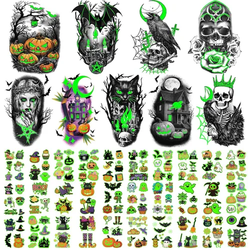 Miniatura 2 de 39 hojas de tatuajes temporales que brillan en Halloween para mujeres y hombres, esqueleto de la muerte, cráneo negro, sombreros negros, escobas