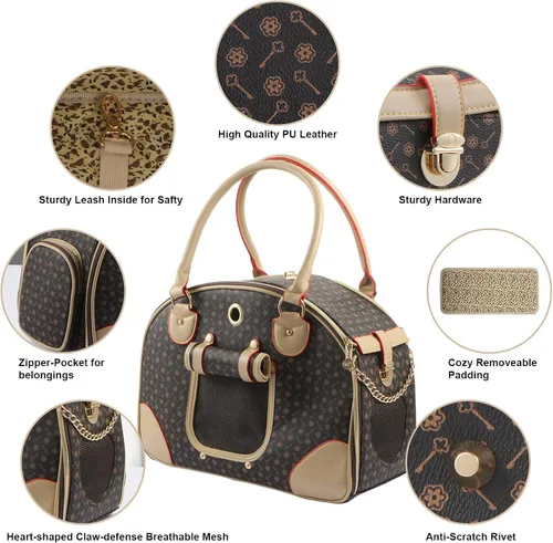 Miniatura 3 de Bolso de moda para perro, bolso de mano de cuero PU para perro, bolso para gato, bolsa de senderismo para mascotas, marrón, grande 42 * 29 * 18cm