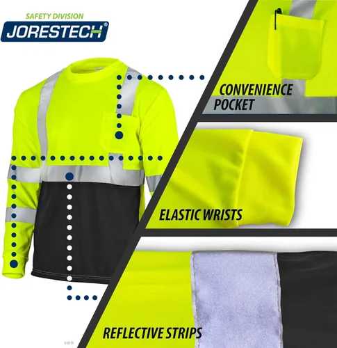 Miniatura 3 de JORESTECH Camiseta de seguridad de manga larga de alta visibilidad, cumple con ANSI/ISEA 107 Tipo R Clase 3, diseño inferior negro, cinta
