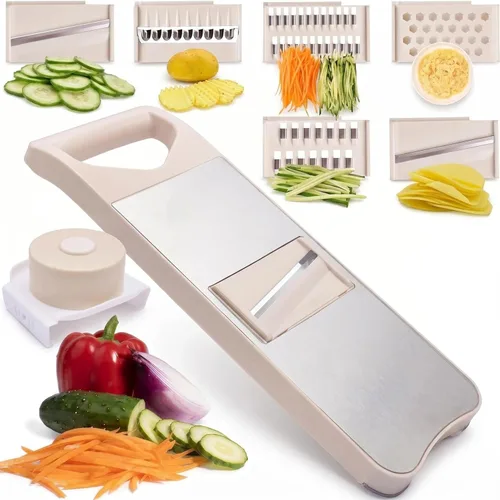 NACOLUS Rallador de mandolina de 6 cuchillas con protector de mano deslizante - Rallador de verduras, rallador de papa/cebolla/ajo, rallador de Beige