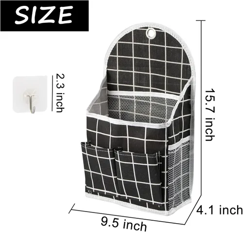 Miniatura 2 de FuninCrea Bolsa de almacenamiento para colgar en la pared, organizador de lino a cuadros blanco y negro, para montar en la pared, sin perforaciones