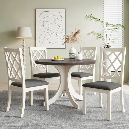 Miniatura 10 de Juego de mesa de comedor redonda clásica de 5 piezas con patas de forma especial y respaldo hueco para silla, para comedor, cocina, apartamento