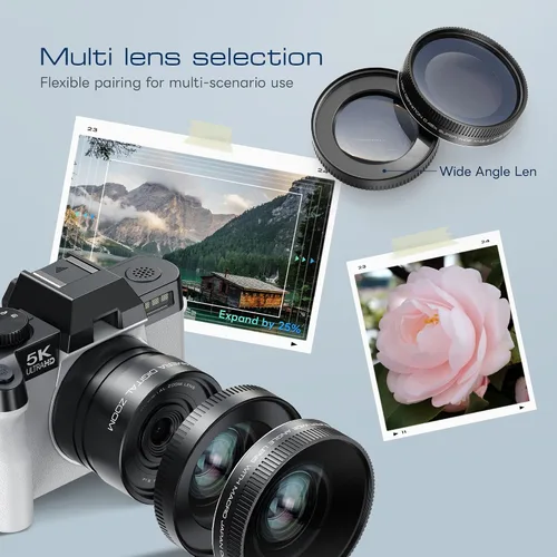 Miniatura 5 de Cámaras digitales de 5K y 64MP para fotografía y video, cámara de vlogging para YouTube, cámara compacta con tarjeta TF de 32 GB, WiFi y lente gran