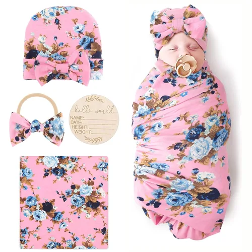 Miniatura 22 de DRESHOW BQUBO Manta de Recepción para Recién Nacido con Conjunto de Gorro con Lazo Estampado de Flores Manta Envolvente para Bebé con Gorro 1 juego