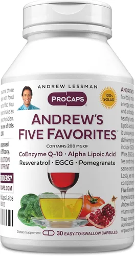 ANDREW LESSMAN Andrew's Five Favorites 30 cápsulas – Proporciona 200 mg cada una de coenzima Q-10, resveratrol, EGCG, granada y ácido alfa lipoico,