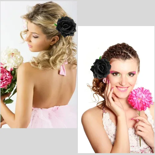 Miniatura 4 de Ahoney 6 pinzas para el cabello de flores negras para mujeres y niñas, accesorios para el cabello negro, flores florales, pinzas de cocodrilo, Beige