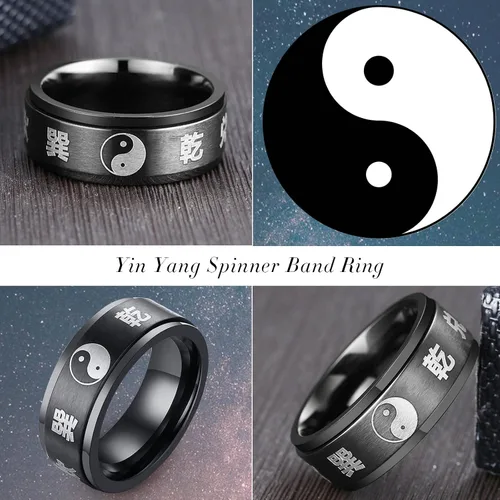 Miniatura 5 de Hisatan Anillo de equilibrio para hombre Tai Chi Yin Yang Bagua de acero inoxidable Taoísmo Zen Spirit Talismán banda giratoria