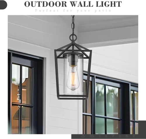 Miniatura 3 de Emliviar Lámpara colgante moderna para exteriores, 1 luz de linterna colgante al aire libre en acabado negro con vidrio transparente, 20065H BK