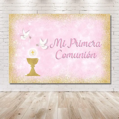 Miniatura 6 de MEHOFOND Telón de fondo de bautismo para niño de 8 x 6 pies, pancarta de bautizo con purpurina dorada para cáliz, palomas de cáliz azul sagrado