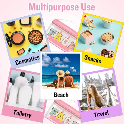 Miniatura 8 de izuzta Bolsas de maquillaje transparentes con letras de chenilla, bolsa de maquillaje de parche preppy con asa