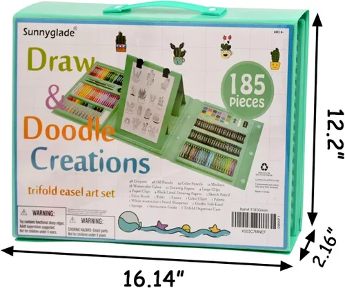 Miniatura 7 de Sunnyglade Juego de Arte de Caballete Tríptico de Doble Cara de 185 Piezas, Caja de Arte de Dibujo con Pasteles al Óleo, Crayones, Lápices de Verde