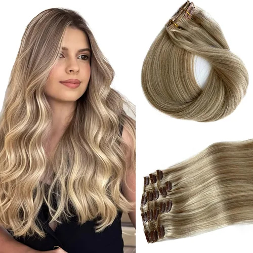 Miniatura 14 de Extensiones de cabello con clip sin costuras de cabello humano real, extensiones de cabello natural negro real con clip 7 piezas 100 g 36 cm