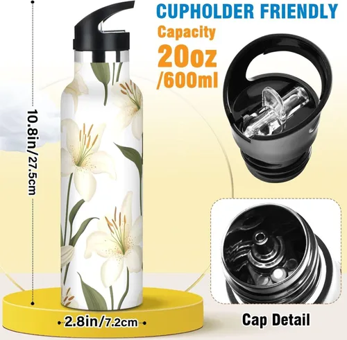 Miniatura 2 de Cartoon Lily White Double Wall Vacuum Insulated Bottles Water Bottles With Straws Leak-proof BPA-Free Leak Proof for Gym Sports