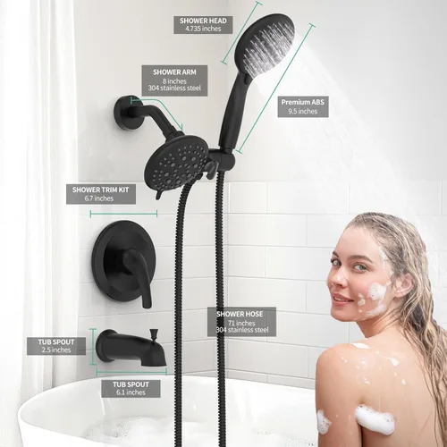 Miniatura 3 de SR SUN RISE Sistema de ducha con caño de bañera, juego combinado de grifo dual 2 en 1 de bañera y ducha de 35 funciones, kit de molduras de bañera