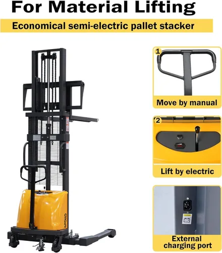 Miniatura 6 de APOLLO Apilador de paletas semi eléctrico Economy Hand Pallet Lift Stacker Carretilla elevadora con patas de horquilla 3300lbs Capactiy 98" Altura