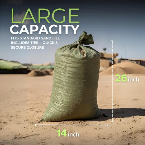 Miniatura 2 de Empty Sandbags Military Green with Ties 14" x 26" - Woven Polypropylene Extra Heavy Duty Sand Bags Flood Protection