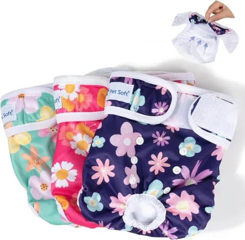 Pet Soft Pañales lavables para hembra (paquete de 3) – Pañales para perras, cómodos pañales reutilizables para perritos en período de calor (Flor, L)