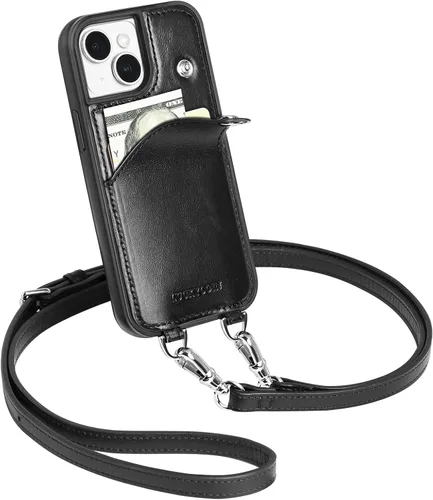 Miniatura 16 de LUCKYCOIN Funda tipo cartera cruzada para iPhone 14 Pro, funda de piel auténtica con protección contra caídas para mujer, con tarjetero expandible